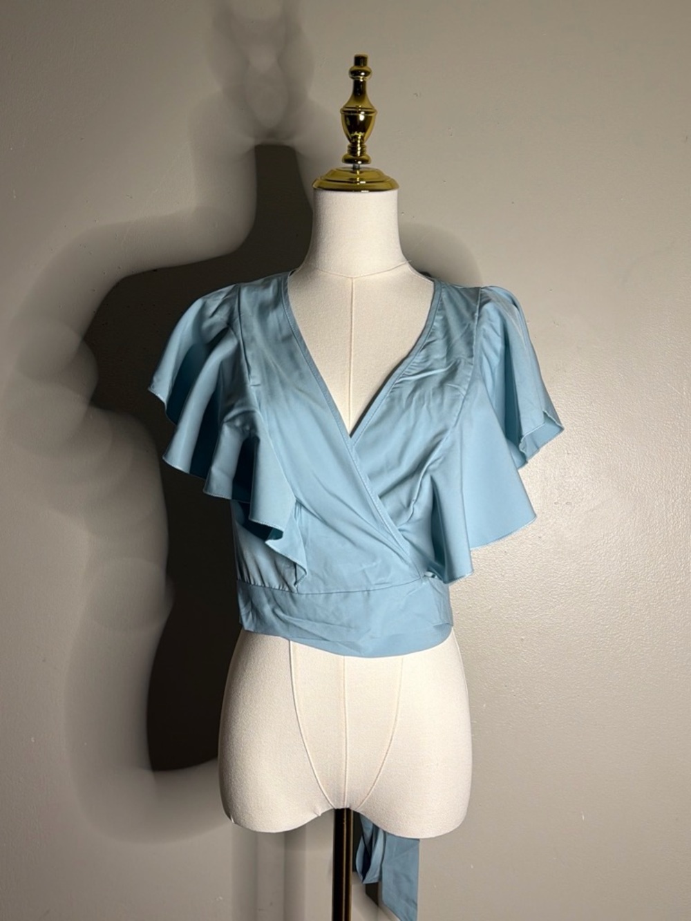 SHEIN Light Blue Wrap Crop Top with Flutter Sleeves